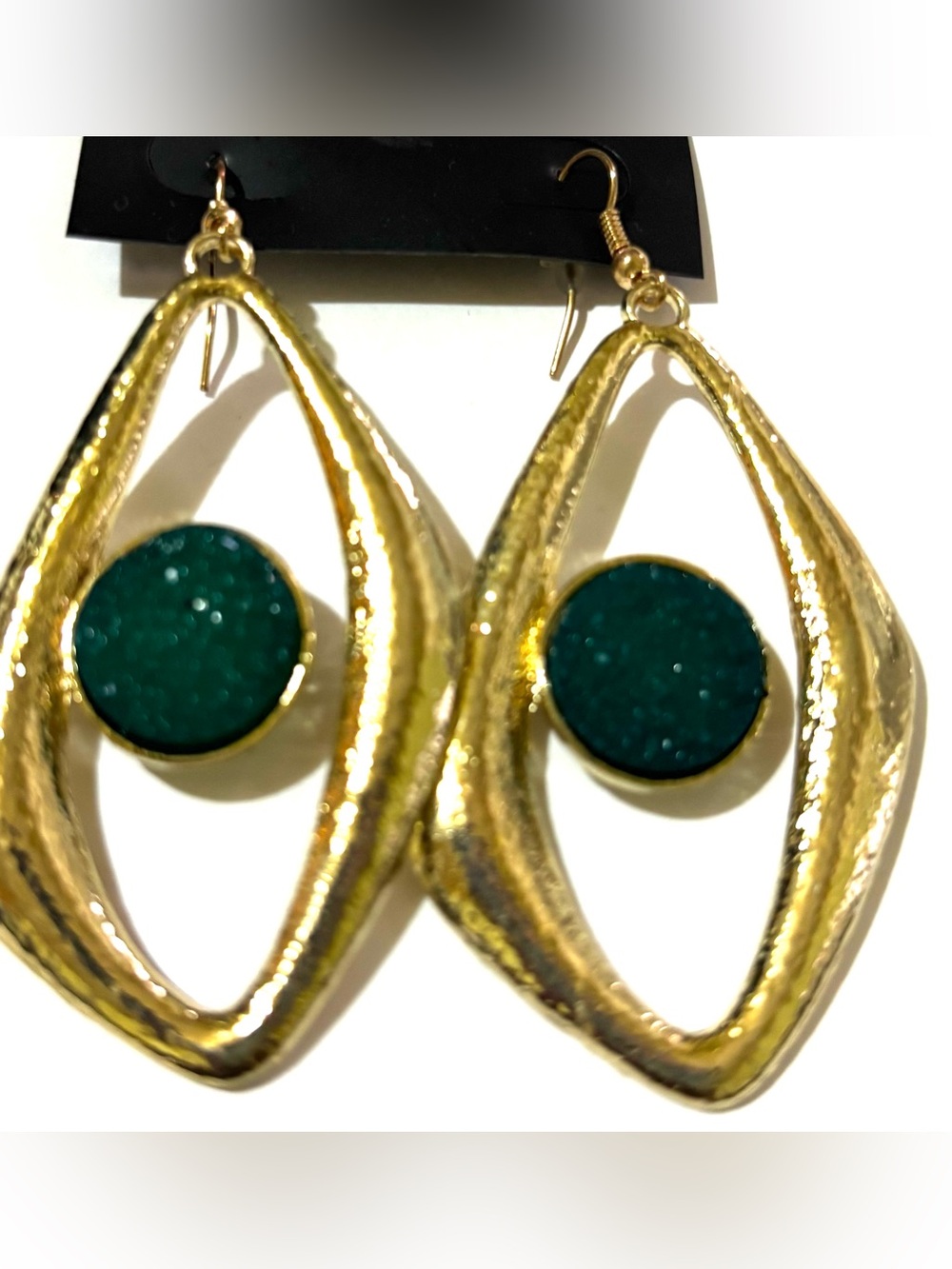 Gold Teardrop Earrings with Emerald Green Druzy Accent